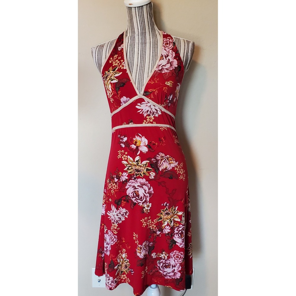 Wet Seal Red Floral Halter Midi Dress V-Neck Y2K Summer Tropical Size M